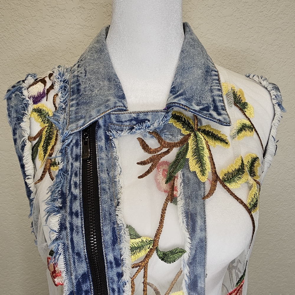 Adore Floral Embroidered Sheer Denim Vest - Picture 4 of 16